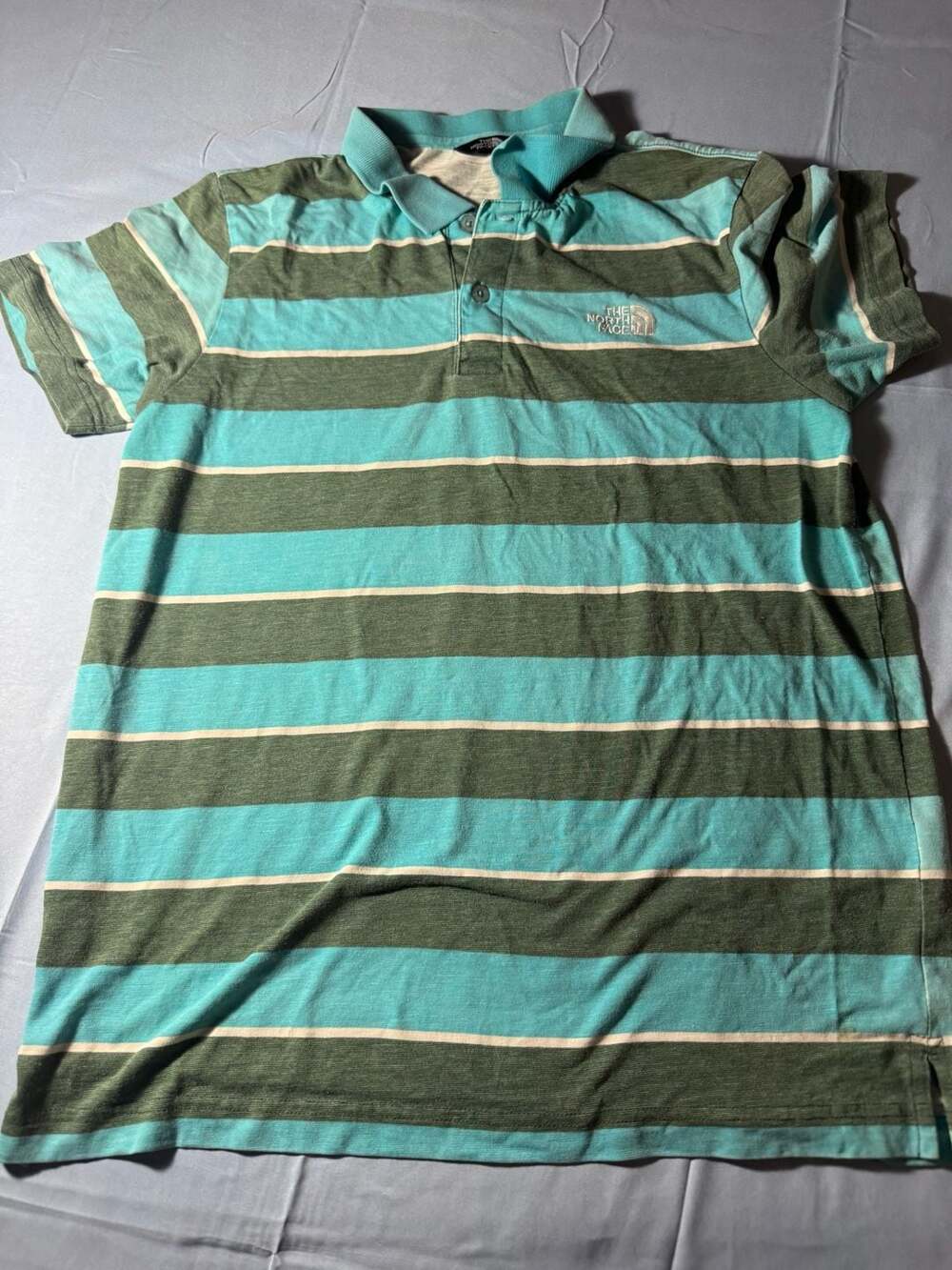 The North Face Green and Blue Striped Short Sleeve Polo Shirt Size L - Picture 1 of 8